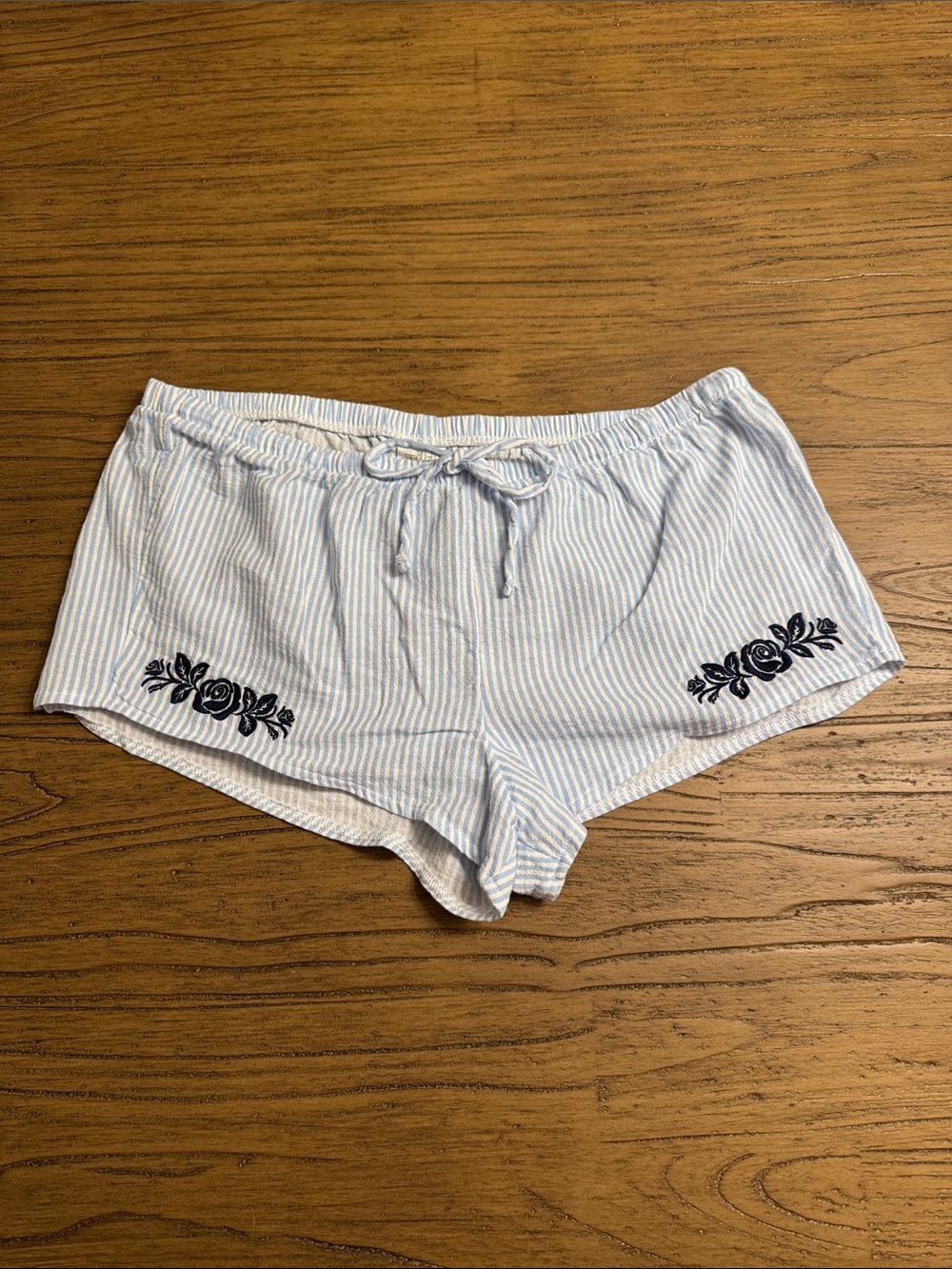 wild fable Light Blue & White Striped Shorts with Navy Floral Embroided